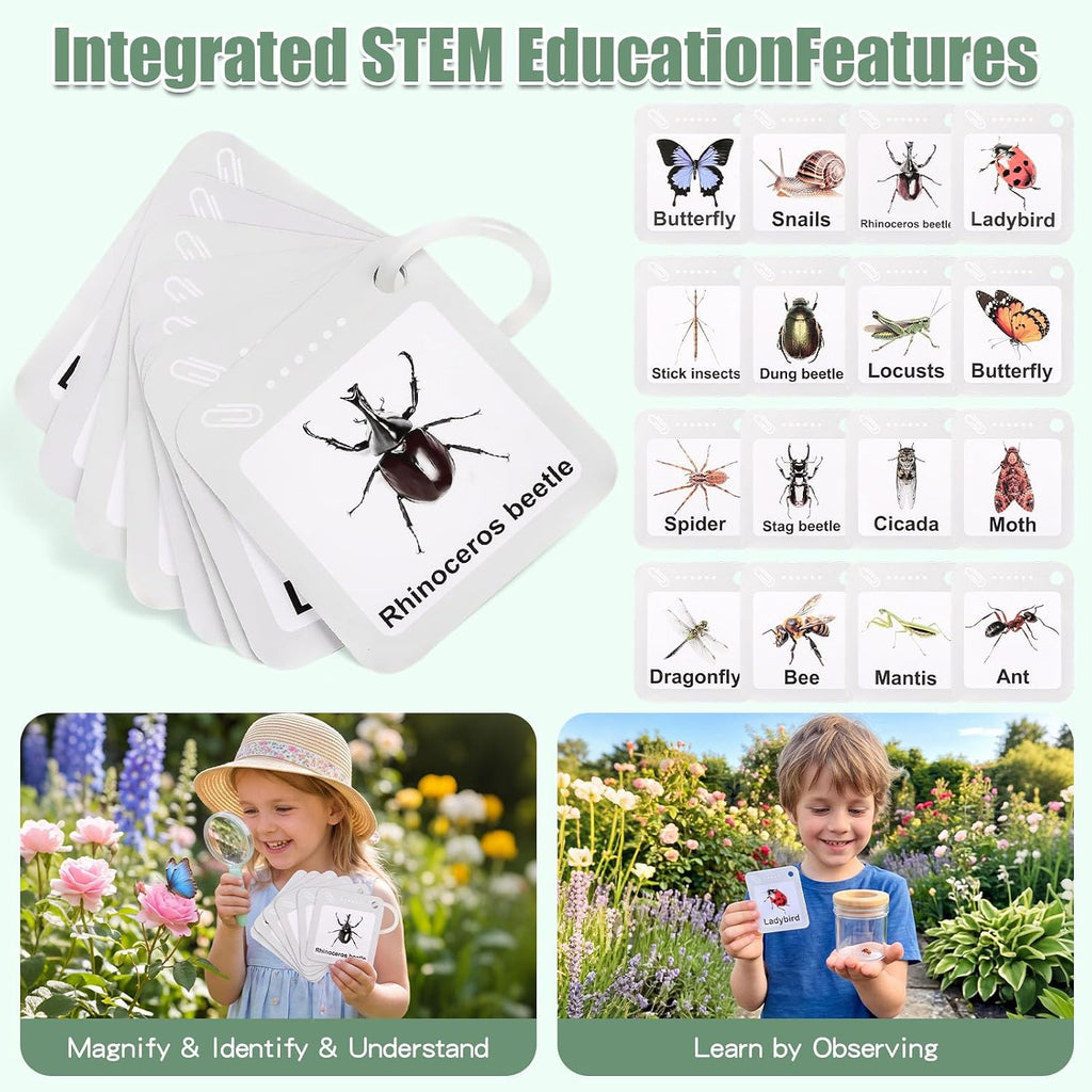 Kit de atrapador de insectos de madera para niños de más de 3 años, kit de captura de insectos y explorador al aire libre | jaula de insectos de madera, segura, red de mariposa extensible, bolsa