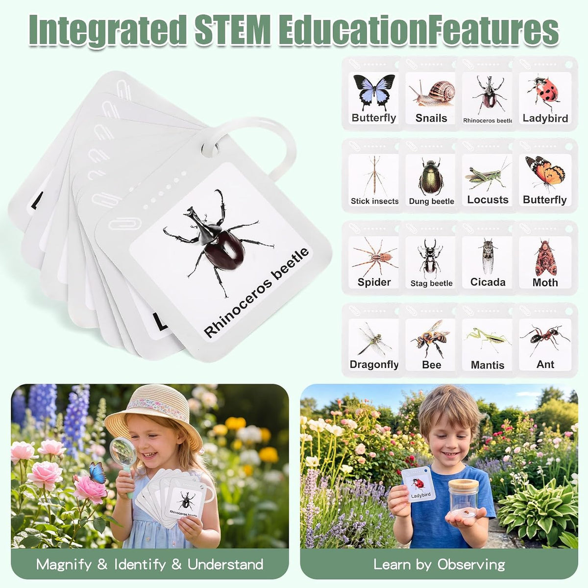 Kit de atrapador de insectos de madera para niños de más de 3 años, kit de captura de insectos y explorador al aire libre | jaula de insectos de madera, segura, red de mariposa extensible, bolsa