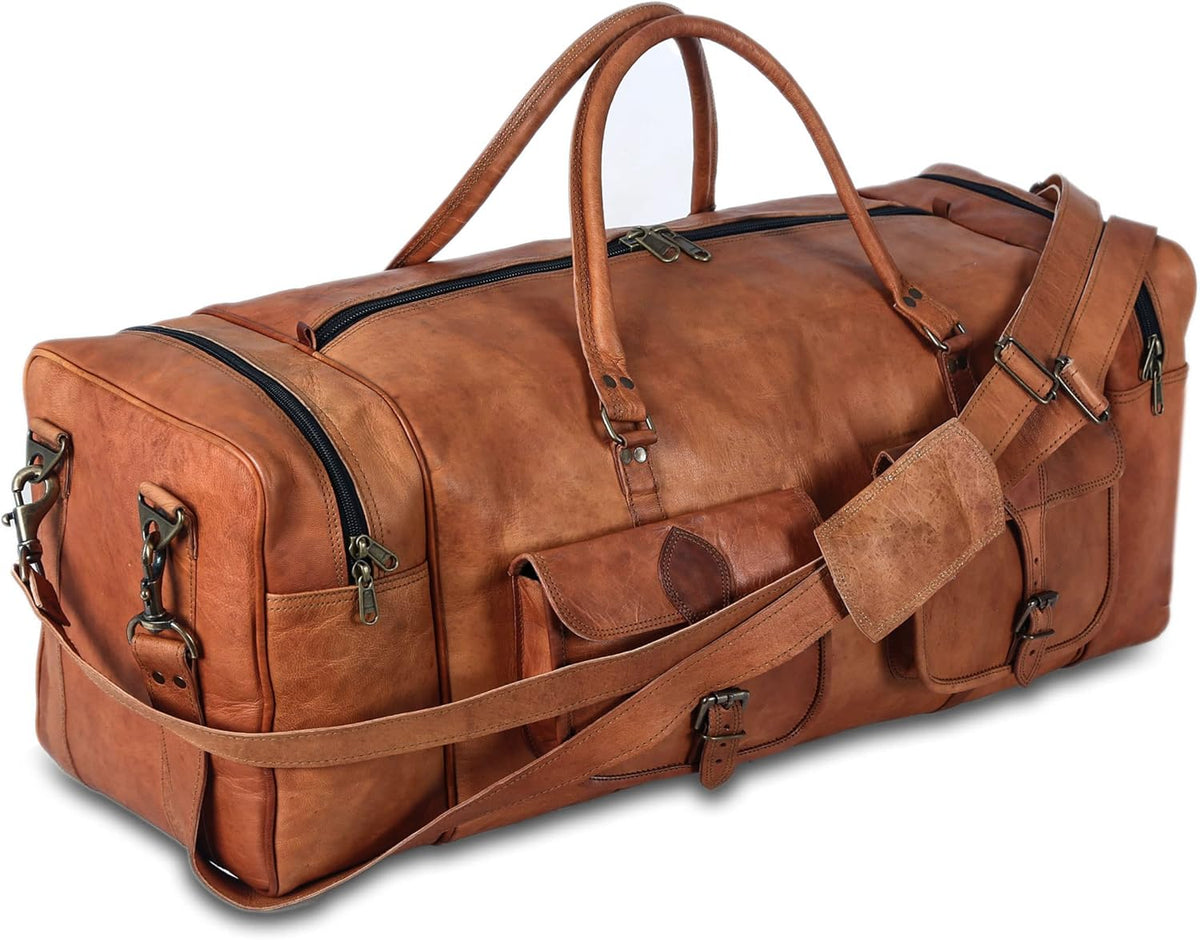 Bolsa de lona de cuero Komal's Passion Leather, grande de 32 pulgadas, para viaje, gimnasio, deporte, fin de semana, para pasar la noche, Marrón, Deportivo