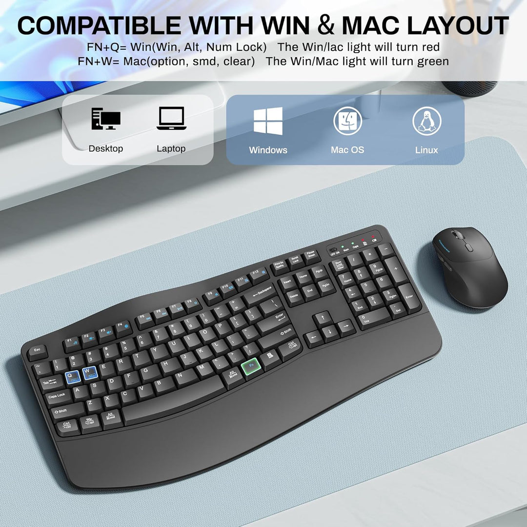 Combo de teclado y mouse inalámbricos, teclas onduladas de tamaño c...