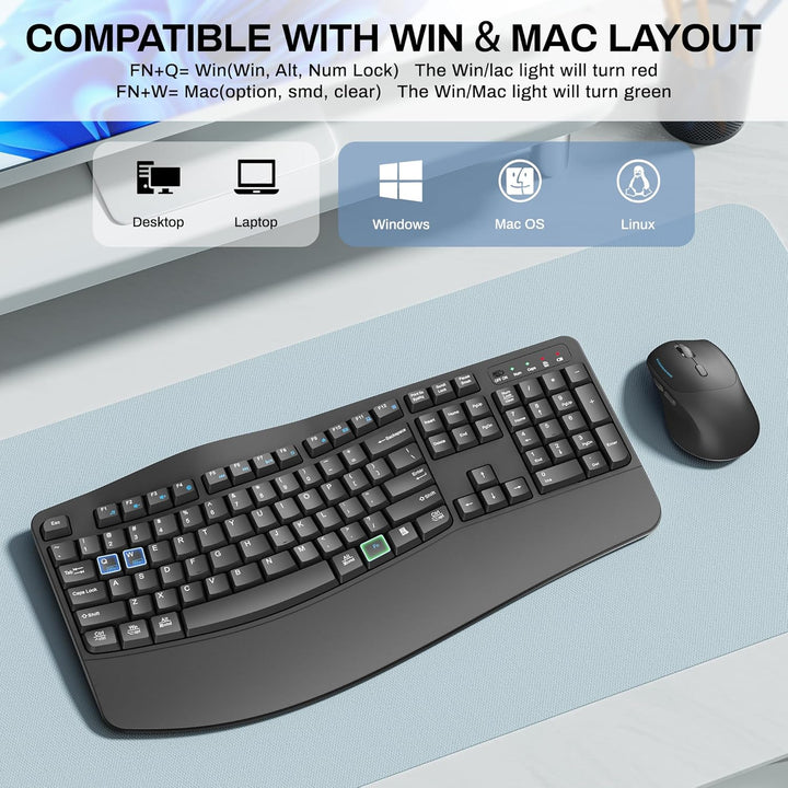 Combo de teclado y mouse inalámbricos, teclas onduladas de tamaño c...