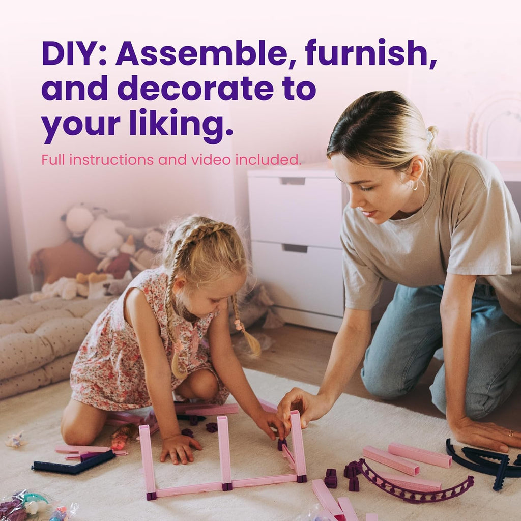 Casa de muñecas con 4 princesas, 4 unicornios, perro, muebles y accesorios – Casa de muñecas de ensueño rosa y morado juguete para niñas pequeñas – 5 habitaciones con jardín, muebles y accesorios
