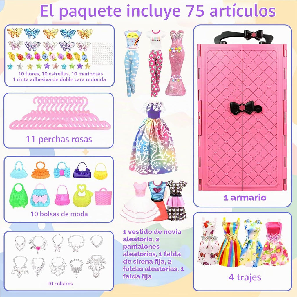 75 piezas de ropa y accesorios para muñeca con armario para muñeca de 11.5 pulgadas - Set de diseño de moda que incluye vestido de novia, vestidos de moda, conjuntos, tops y pantalones, perchas