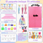 75 piezas de ropa y accesorios para muñeca con armario para muñeca de 11.5 pulgadas - Set de diseño de moda que incluye vestido de novia, vestidos de moda, conjuntos, tops y pantalones, perchas