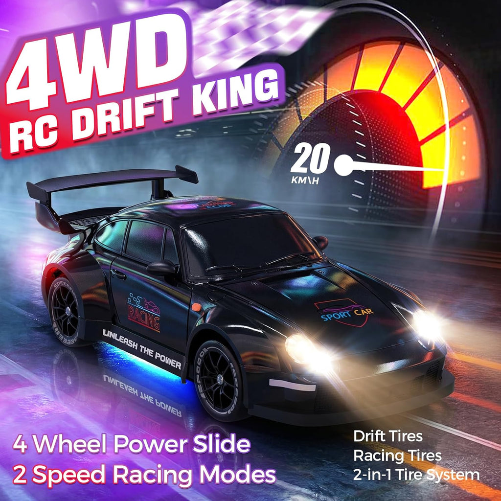 RC Drift Car, Auto a Control Remoto 1:24 para Niños y Adultos, Negro Carbón