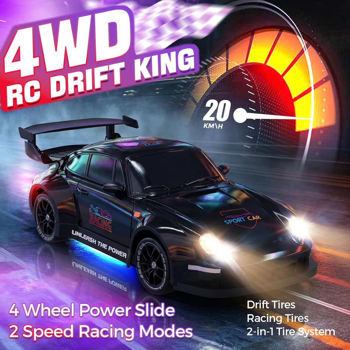 RC Drift Car, Auto a Control Remoto 1:24 para Niños y Adultos, Negro Carbón