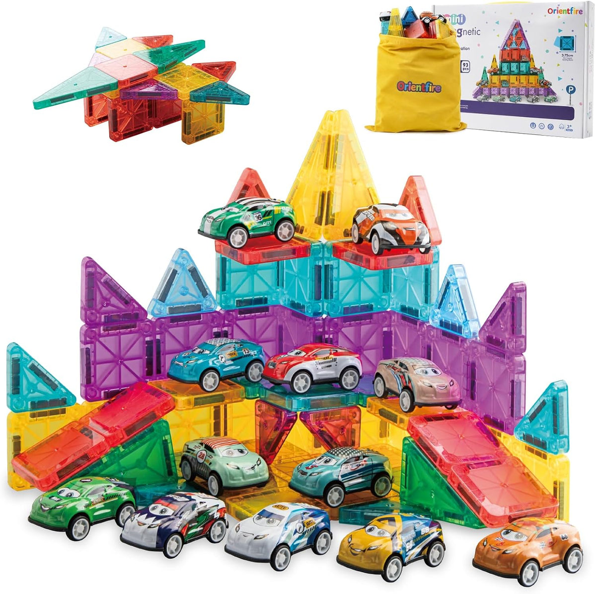 Juego de 93 miniazulejos magnéticos con 12 coches, bloques de construcción