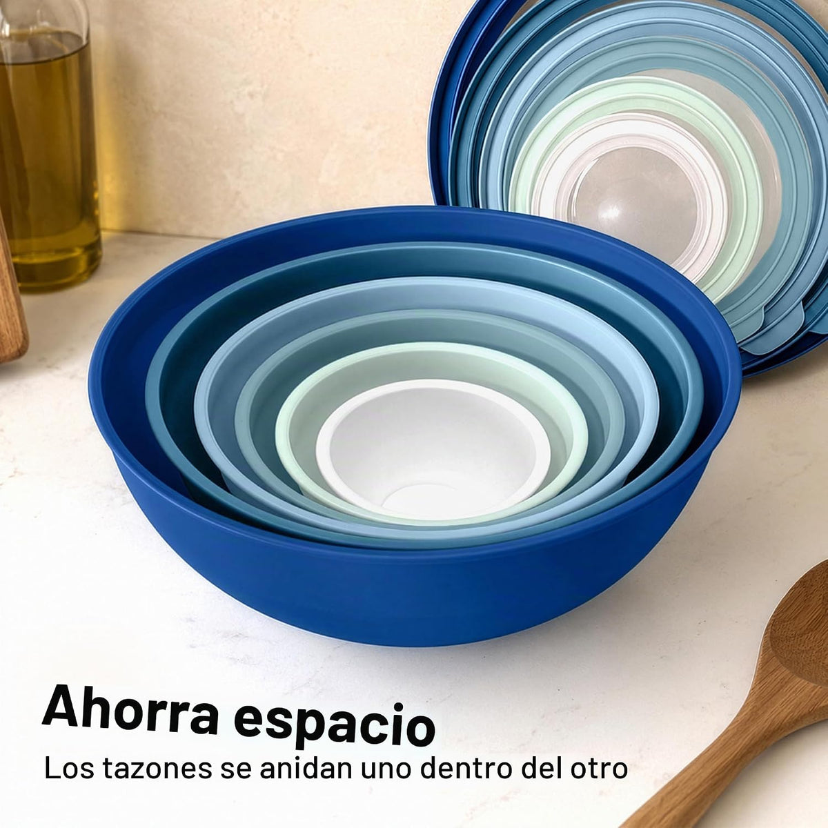 Zulay Kitchen Juego de 12 tazones de plástico para mezclar con tapas, a prueba de fugas, aptos para microondas y congelador, apilables, para preparar, servir y almacenar, cuencos grandes antideslizantes (azul degradado)