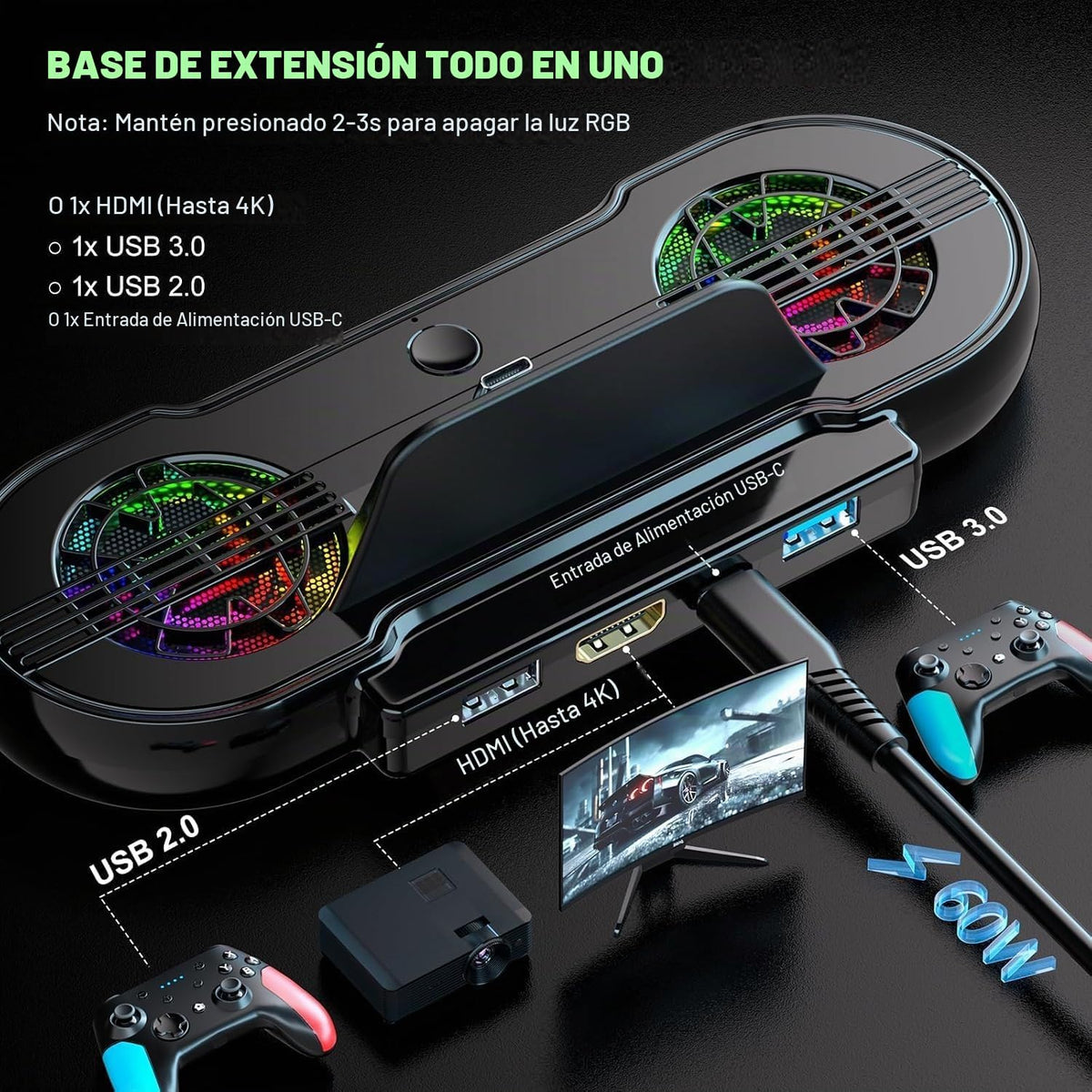 Estación de acoplamiento para Switch 2, estación de acoplamiento de TV portátil con salida HDMI 4K a 120Hz, USB-C y 2 puertos USB, iluminación RGB, compatible con Nintendo Switch 2