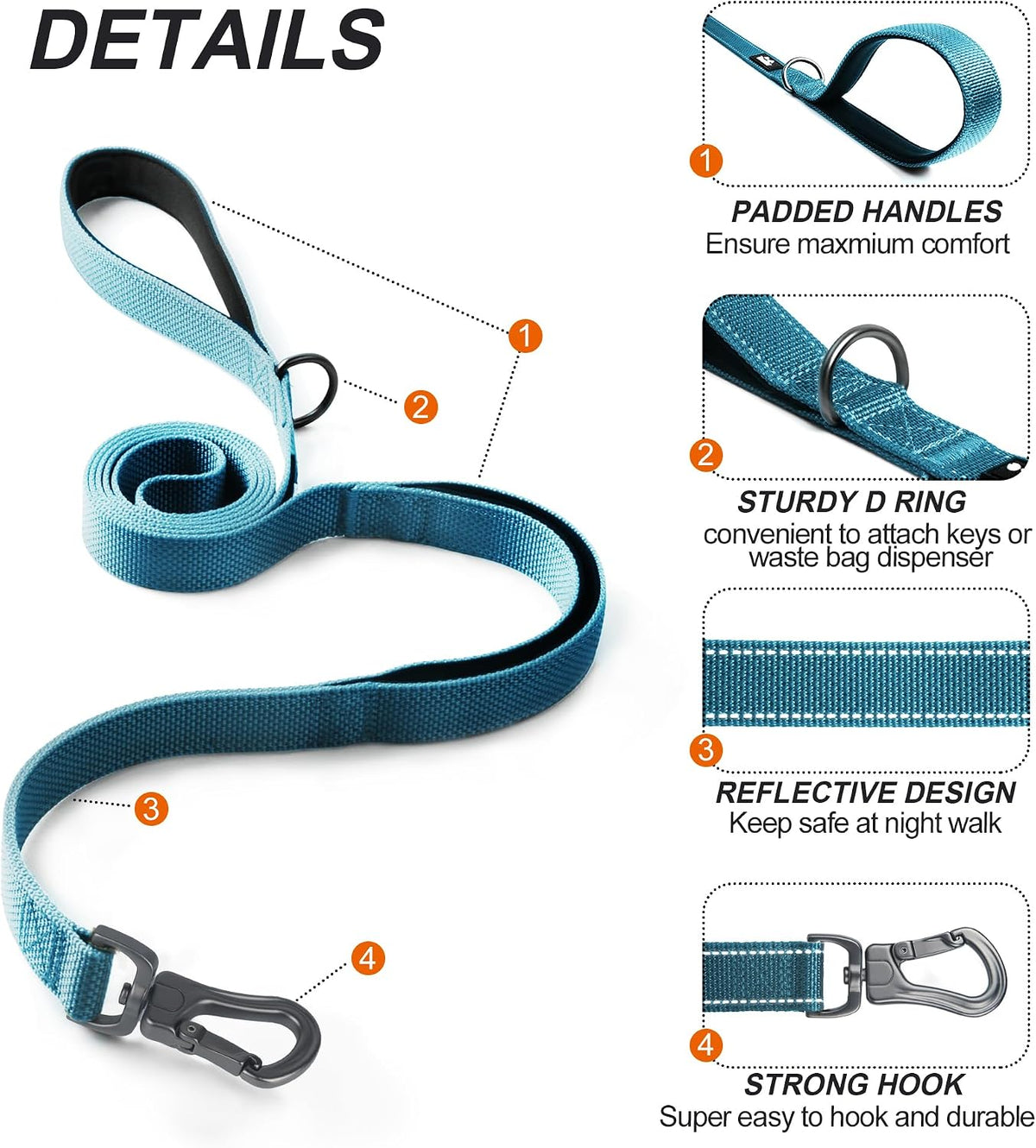 Correa para perros de 6 pies y 1 pulgada, resistente, color azul, con 2 asas acolchadas, asa de tráfico para control extra, cómoda asa doble suave, gancho de bloqueo automático, correa