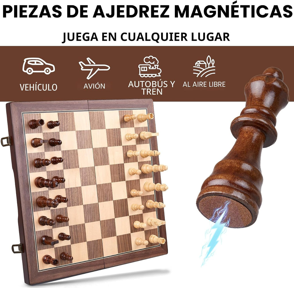 AMEROUS - Juego de ajedrez magnético de madera de 15 pulgadas para adultos y niños - con tablero plegable, paquete de regalo, ranuras de almacenamiento para piezas, piezas hechas a mano, juego de mesa