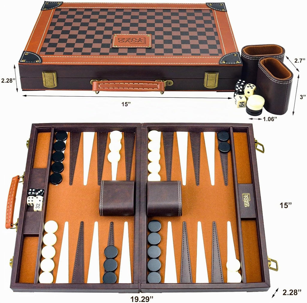 Backgammon Set para adultos, piel sintética de 15 pulgadas, color marrón