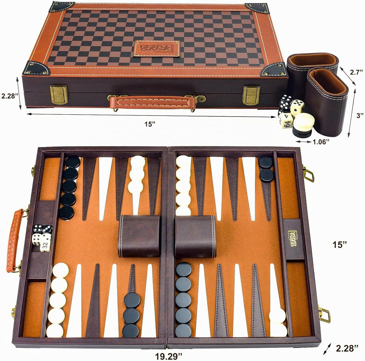 Backgammon Set para adultos, piel sintética de 15 pulgadas, color marrón