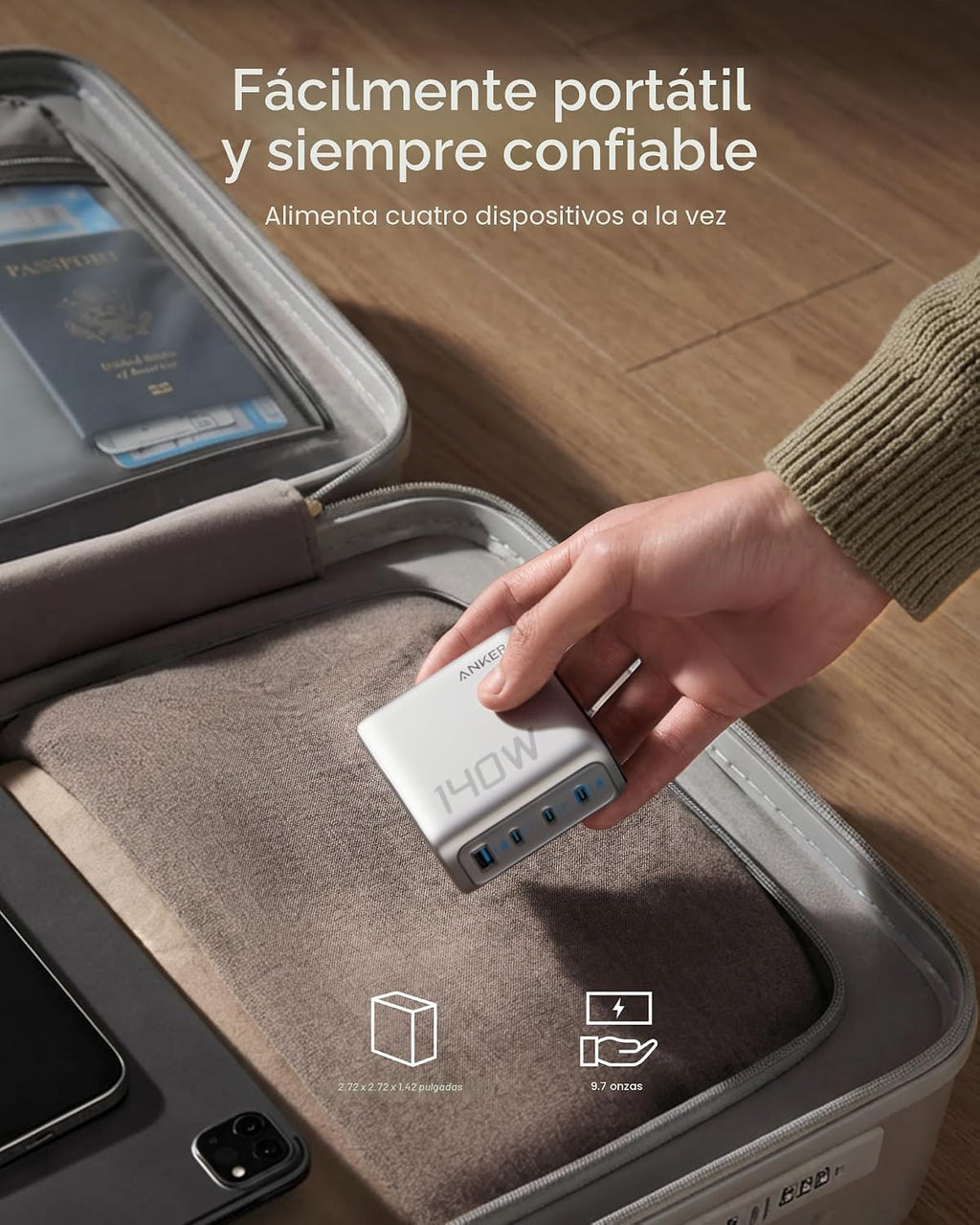 Anker 140W Max Bloque de Carga GaN de 4 Puertos, Pantalla Inteligente para Cargador de MacBook