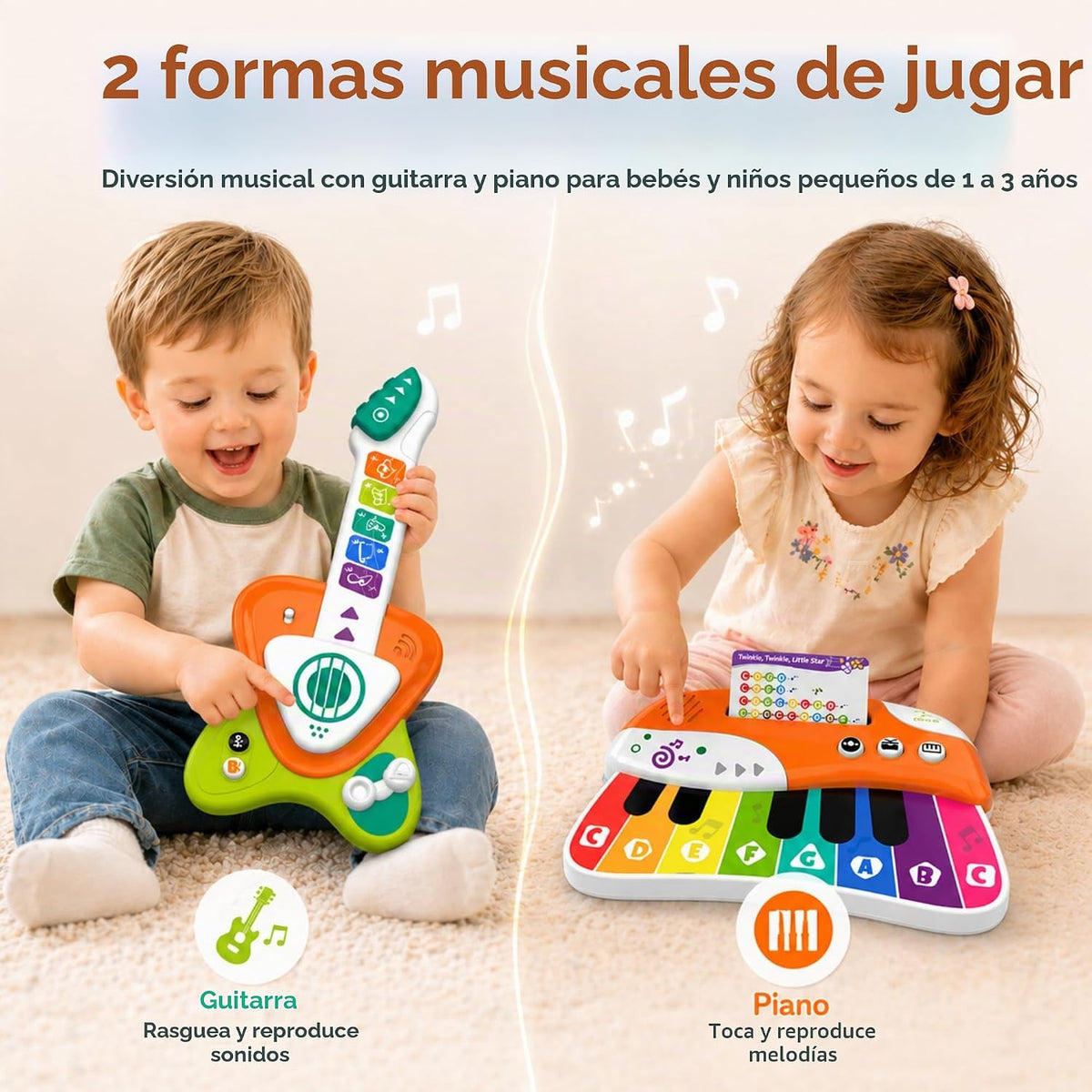 Juguete de guitarra para niños pequeños, guitarra táctil 2 en 1 y piano