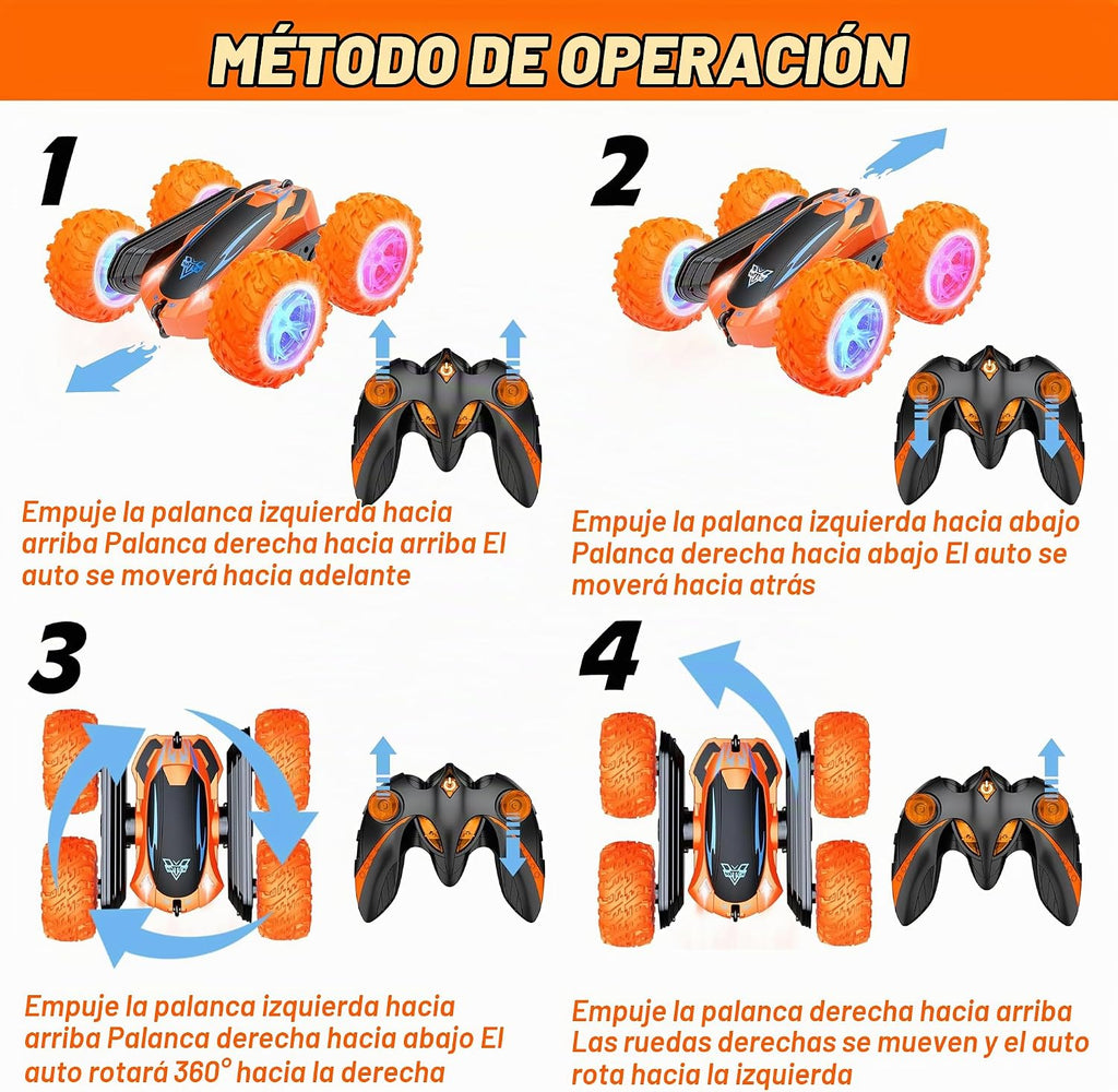 Auto de control remoto, auto eléctrico de carreras y acrobacias de 2.4GHz, rotación giratoria de 360° de doble cara, faros LED RC 4WD de alta velocidad todoterreno, regalo para niños de 3, 4, 5, 6, 7