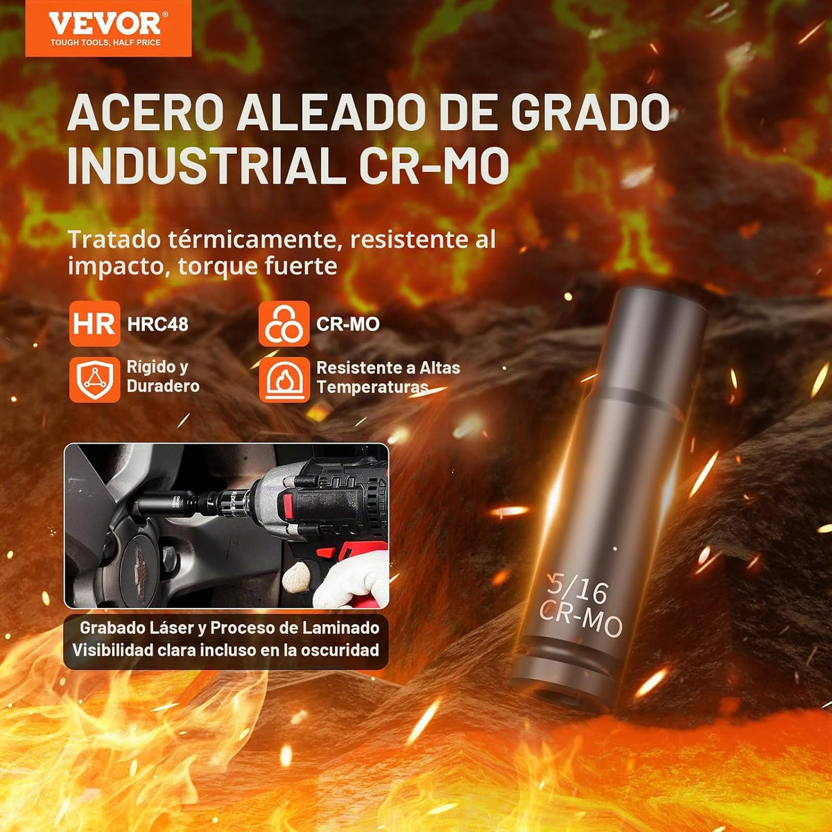 VEVOR Juego de llaves de impacto de 1/4 de pulgada, 55 piezas profundas y poco profundas estándar SAE (5/32 a 9/16 pulgadas) y métrico (0.157 a 0.591 in), 6 puntos, CR-V, barra de extensión