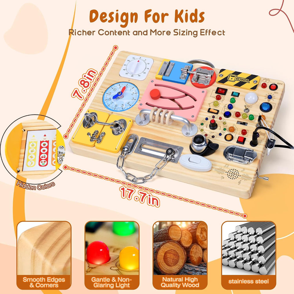 Tablero de actividades 25 en 1 con 13 interruptores de luz LED y 12 actividades, juguetes Montessori para niños de 1, 2, 3 años, tablero sensorial de madera, juguetes de viaje para niños pequeños de 1 año o más, regalo de cumpleaños (extragrande)