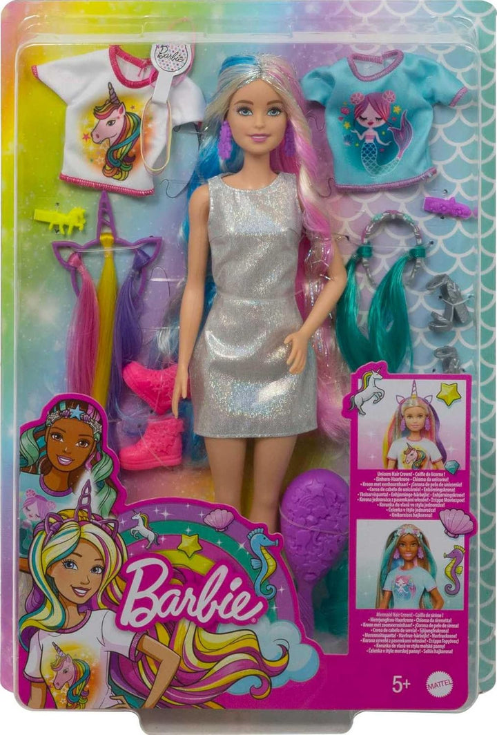 Barbie Muñeca y accesorios de pelo de fantasía, cabello rubio largo...