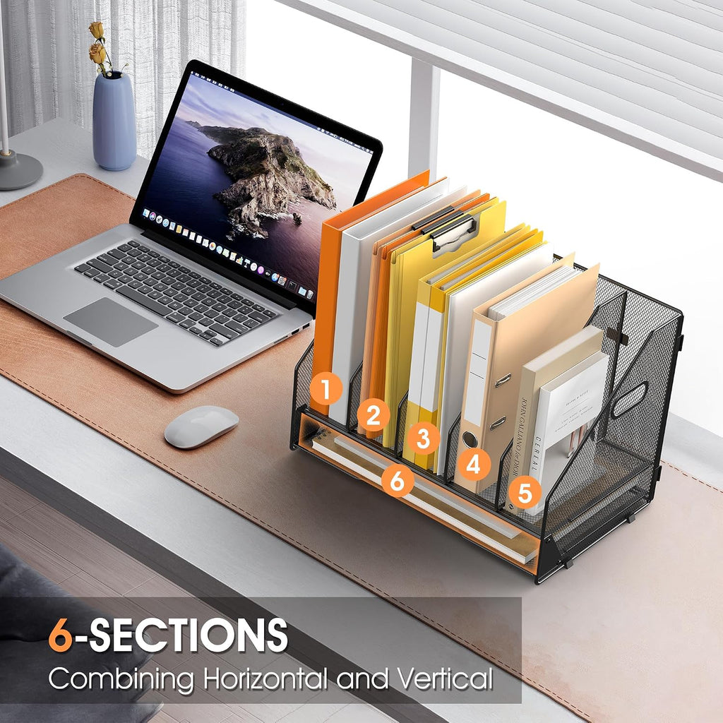 Organizador de Carpetas de Archivos de Escritorio - 5 Compartimentos Verticales con Estantes y Bandeja para Cartas de Papel, Clasificador de Portaarchivos de Revistas de Malla, Accesorios de