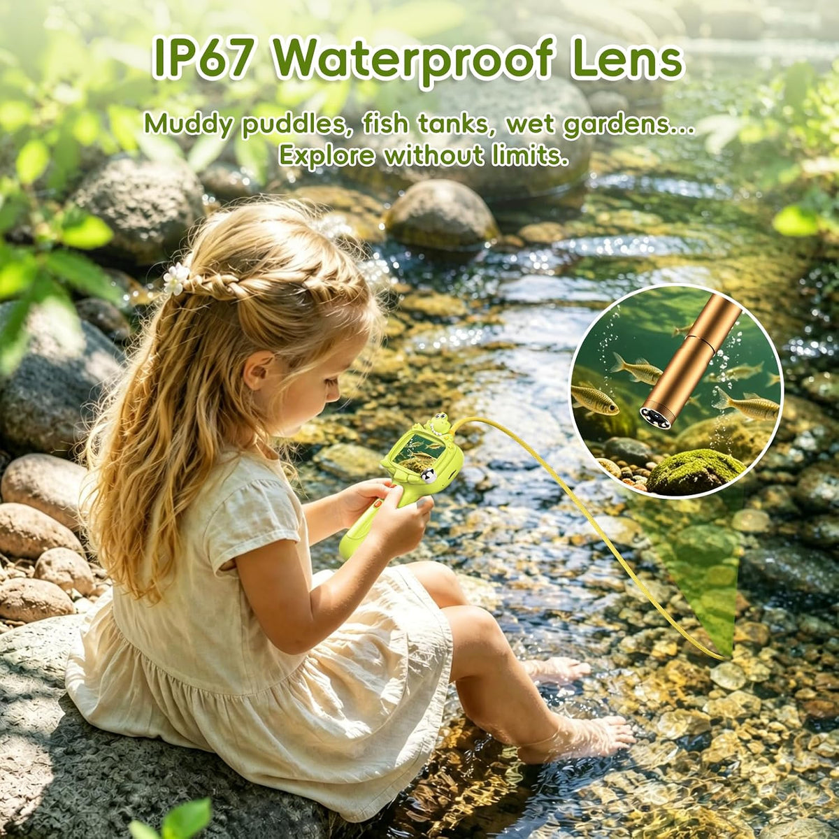 Cámara Boroscopio con Luz para Niños, 2.4" IPS, Dinosaurio Verde