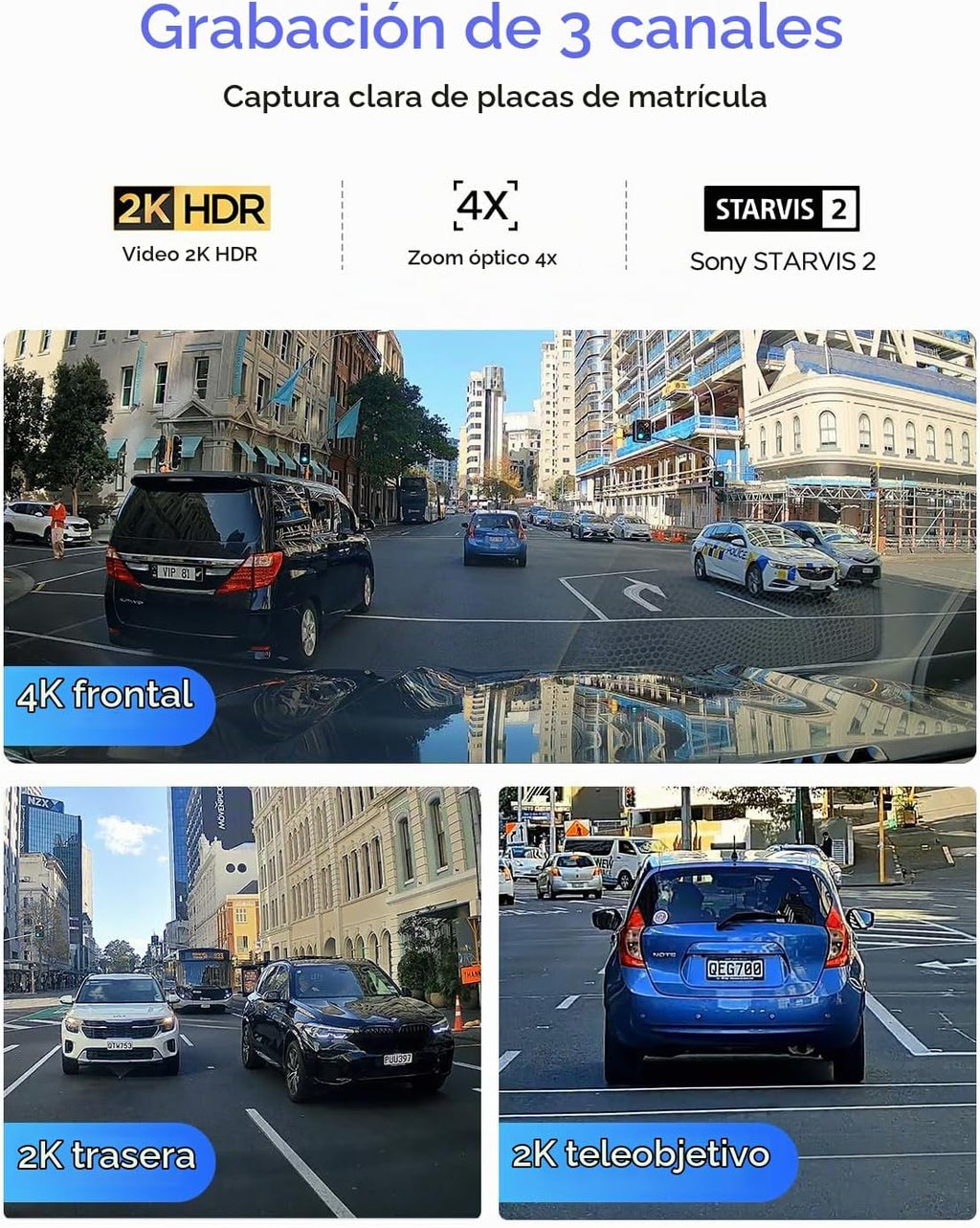VIOFO A329T 4K 3CH Dash Cam Teleobjetivo delantero trasero, STARVIS 2 HDR