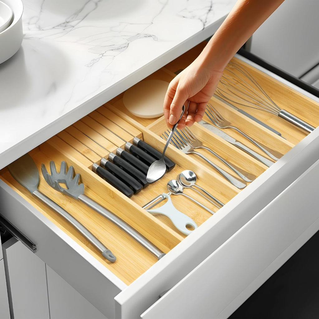 VaeFae Organizador de cajones de cubiertos de bambú, 6 ranuras, natural
