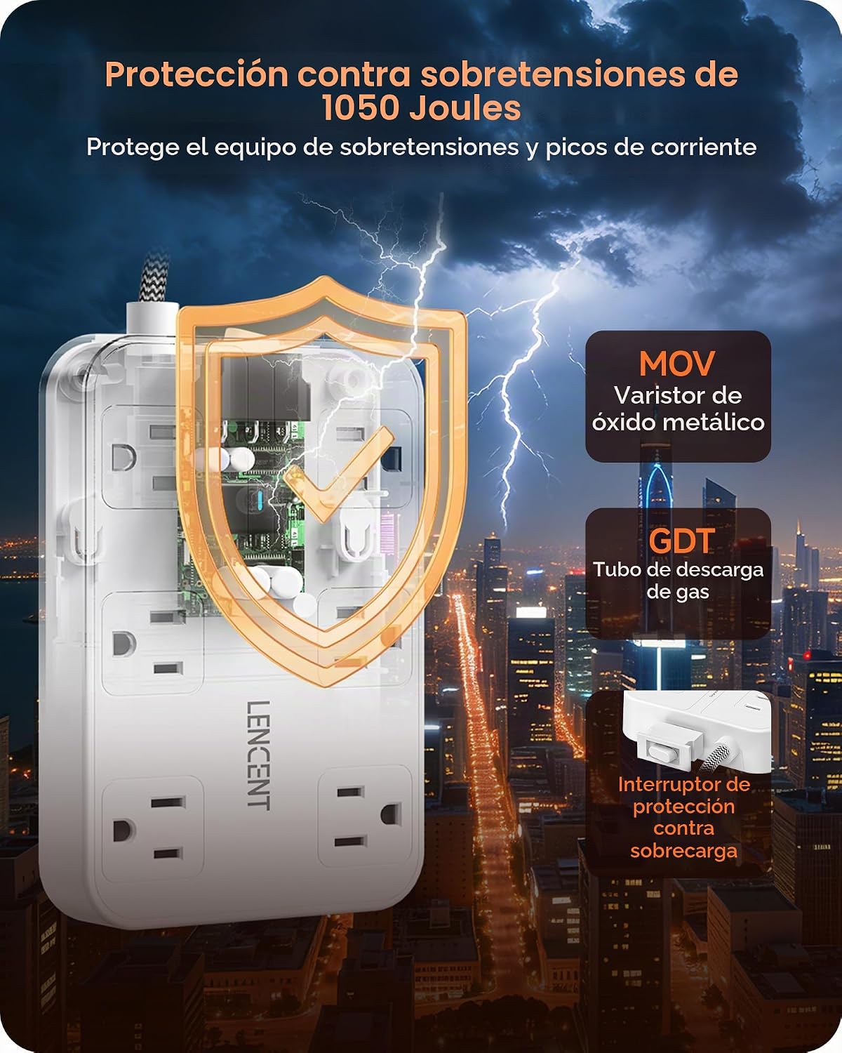 LENCENT Regleta protectora de sobretensiones de 2 puntas, cable de
