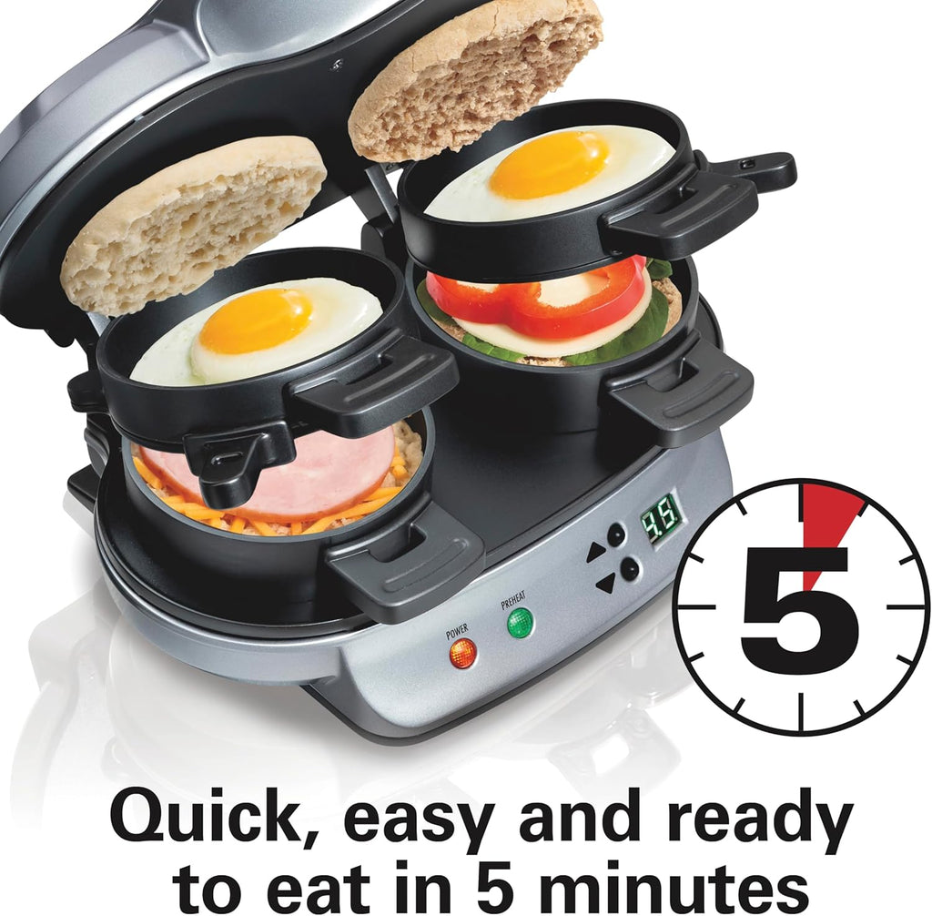 Hamilton Beach Sandwichera de desayuno doble con anillos para cocinar