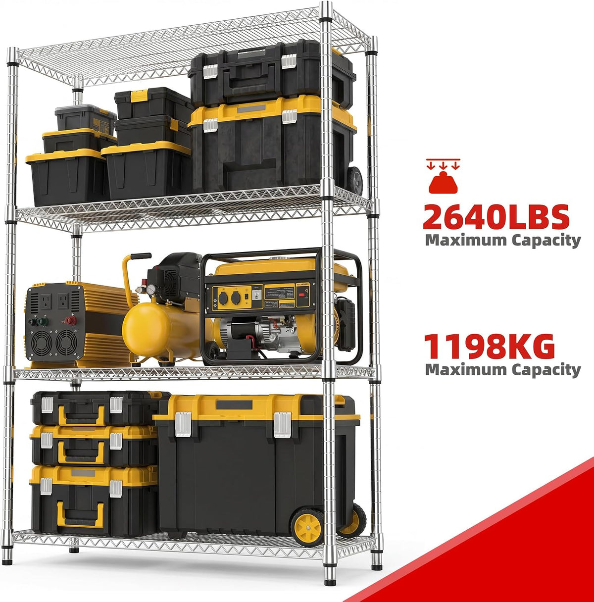 M MZG Estantes de almacenamiento de 4 niveles con carga de 2640 libras, estantes de metal de alambre de metal para almacenamiento, estantes ajustables de garaje para despensa, cocina, garaje, cromado