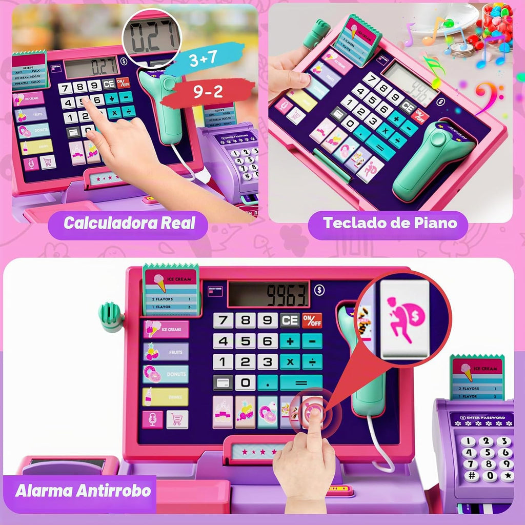 Juguete de caja registradora mejorado para niños y niñas, regalo de juego de simulación | Registro de cajero de juego de simulación con accesorios de tienda, calculadora de caja registradora con escáner/tarjeta de crédito (morado)