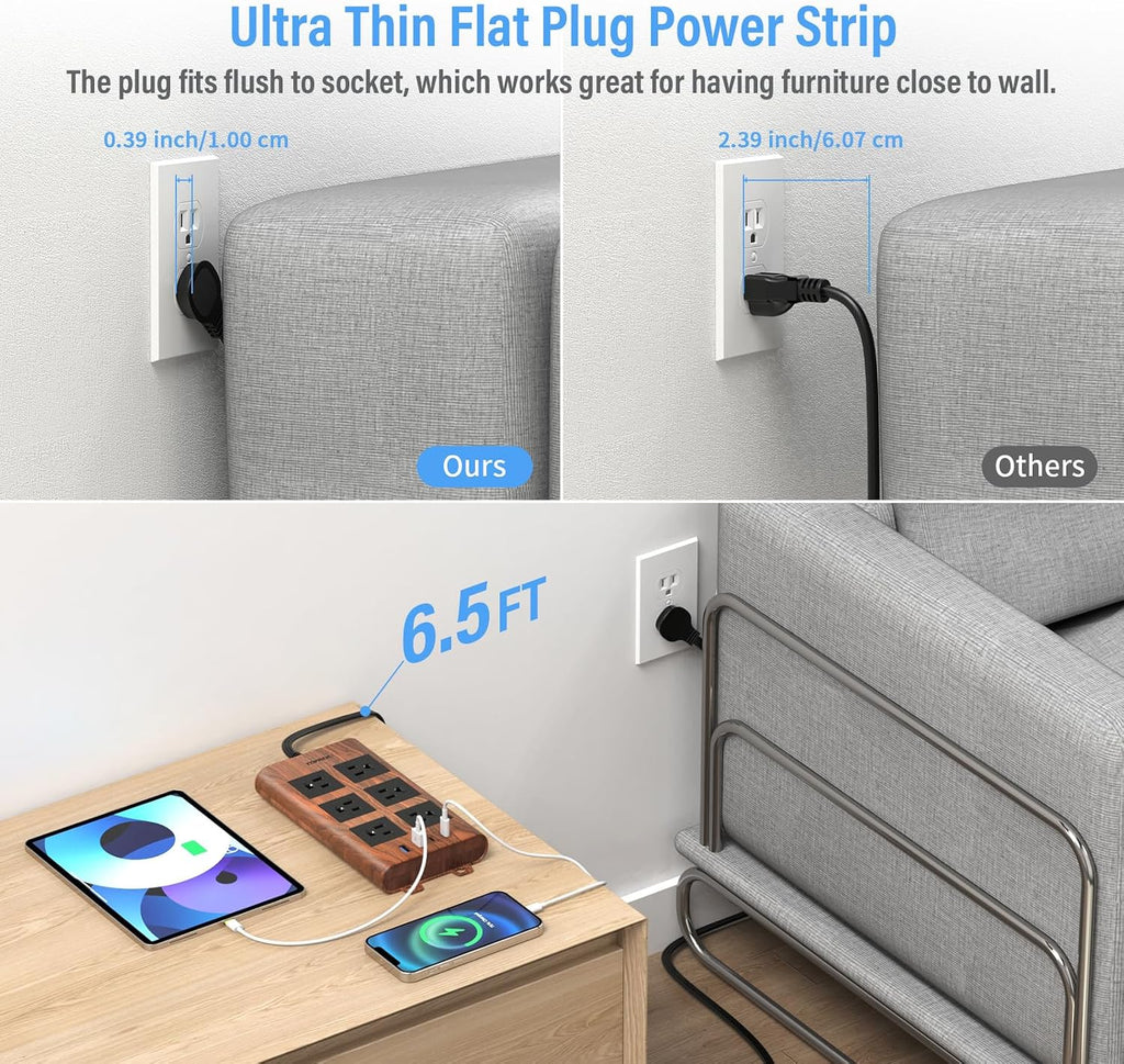 Regleta de protección contra sobretensiones (2100J), 6 tomas de corriente ampliamente espaciadas con 2 USB-C y 2 USB-A, cable de extensión de 6.5 pies con enchufe plano ultrafino, regleta de