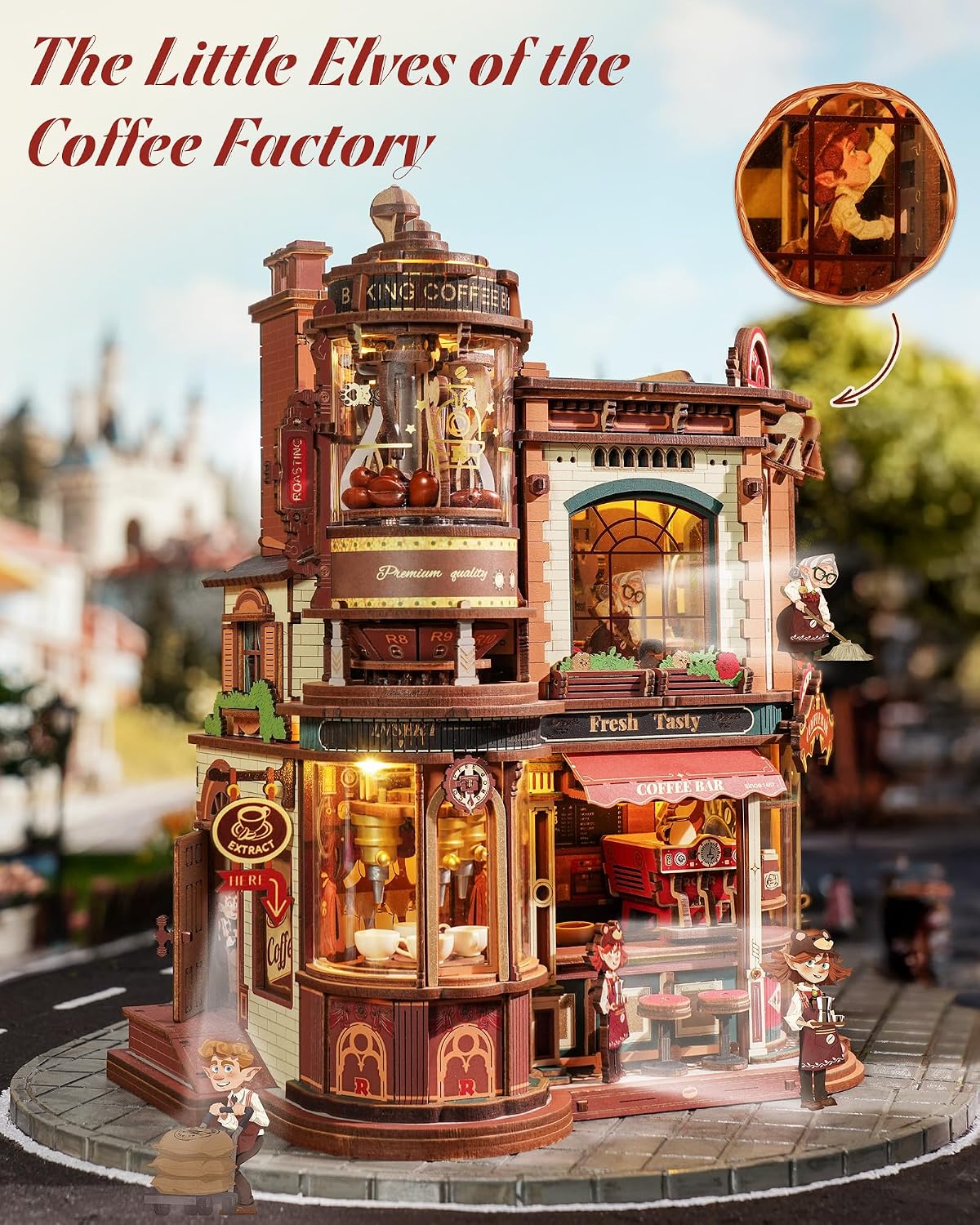 ROKR Dream Coffee Factory, modelo de caja de música de madera, rompecabezas mecánicos 3D de madera para adultos, kit de construcción con luces LED móviles, kit de casa en miniatura, regalo de
