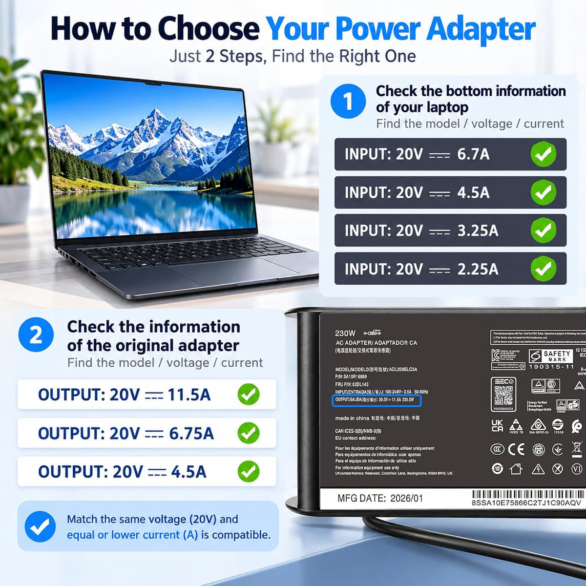 Cargador de 230W para Lenovo Legion 5 5i 5P 7 7i