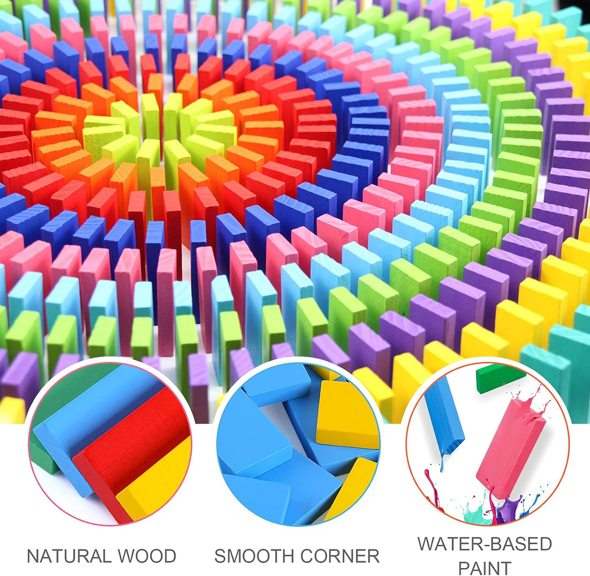 WOOD CITY Juego de dominó de 1000 piezas para niños con 20 bloques adicionales, coloridos azulejos de dominó para construir, apilar, carreras, volar, dominó de madera con bolsa de almacenamiento y