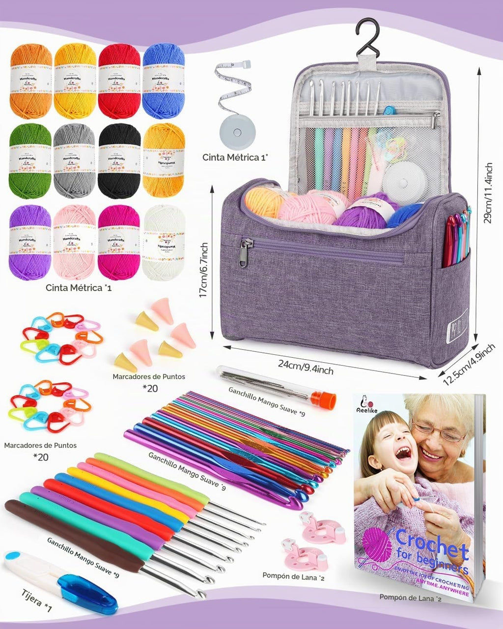 Aeelike Crochet Kit para Beginners Adults Kids, Complete Crochet Set, Purple