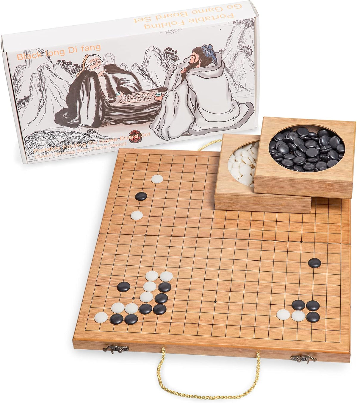 Juego de Go plegable de 19 x 19 con tablero de bambú y tazones y piezas de imitación de jade