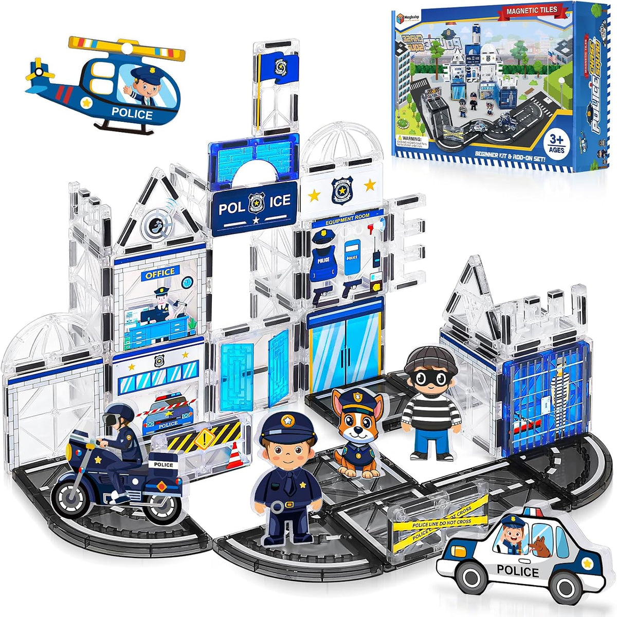 60PCS Police Station Magnetic Tiles Construction Set con 6 Magnetic Dolls