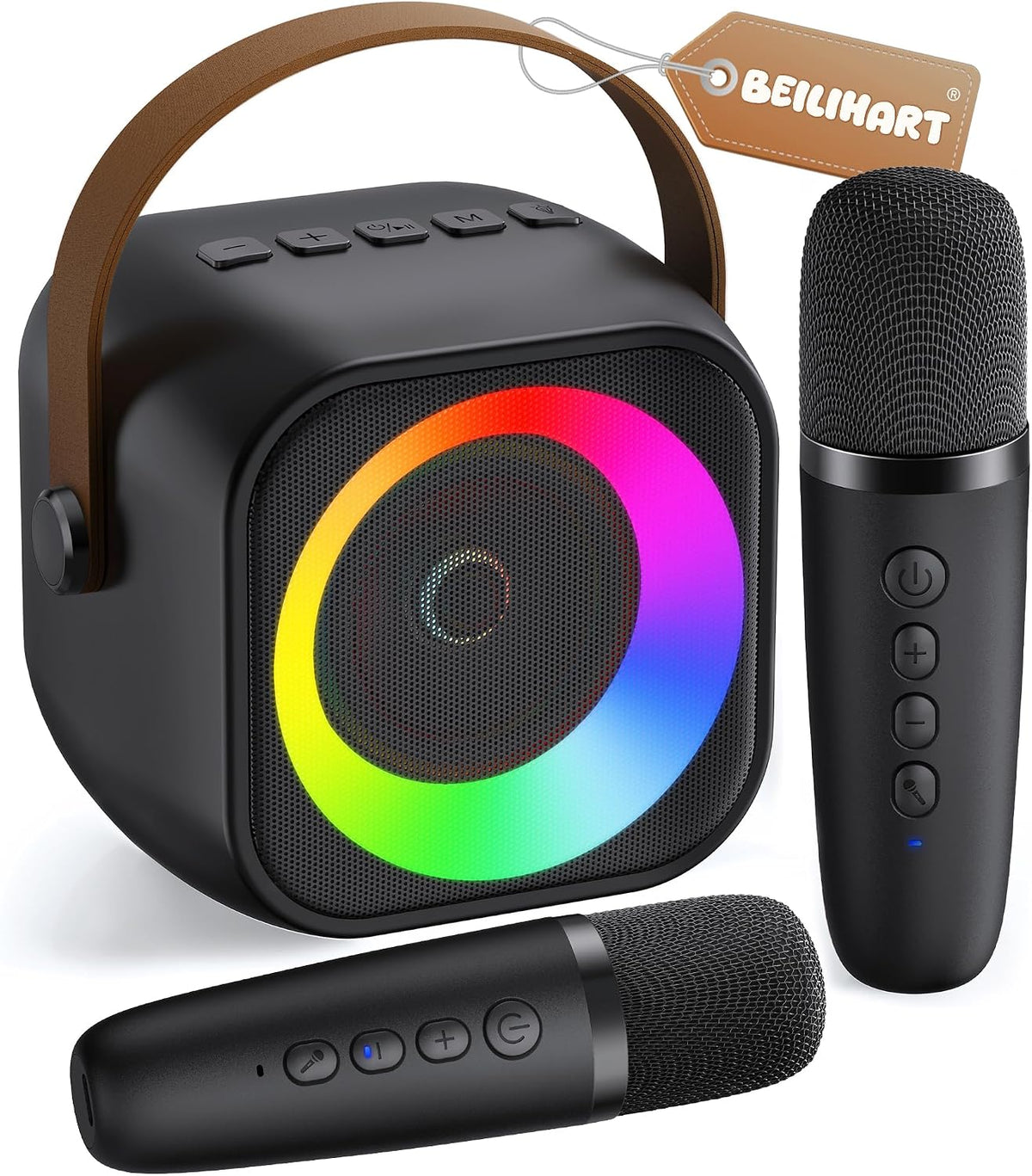 Mini máquina de karaoke, altavoz portátil de karaoke Bluetooth con 2 micrófonos inalámbricos y luces de fiesta para niños y adultos, regalos de cumpleaños para niñas, niños, fiesta familiar en casa