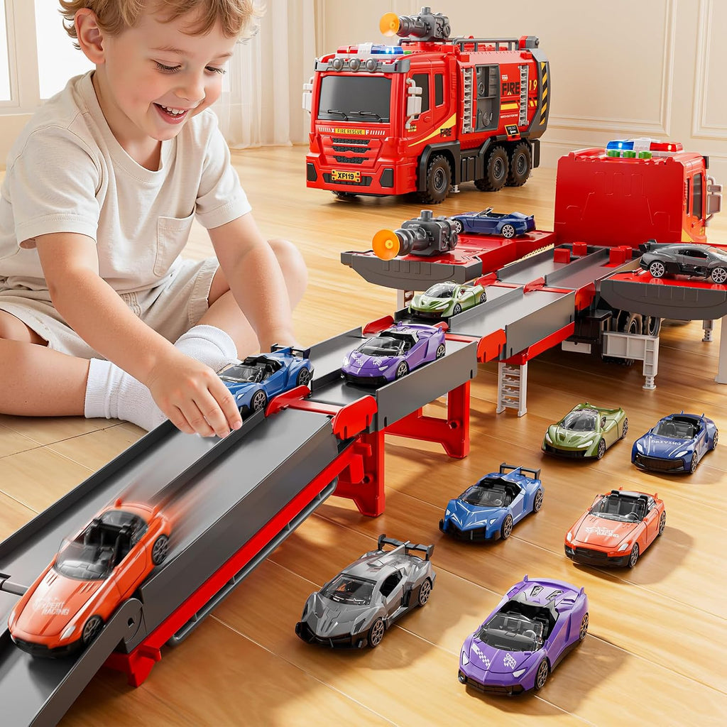 Camiones de bomberos de juguete para niños pequeños de 3 a 5 años, pista de carreras plegada con luces y sonidos y 6 autos de carreras, regalo de cumpleaños para niños y niñas de 3, 4, 5, 6, 7, 8 años