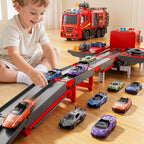 Camiones de bomberos de juguete para niños pequeños de 3 a 5 años, pista de carreras plegada con luces y sonidos y 6 autos de carreras, regalo de cumpleaños para niños y niñas de 3, 4, 5, 6, 7, 8 años