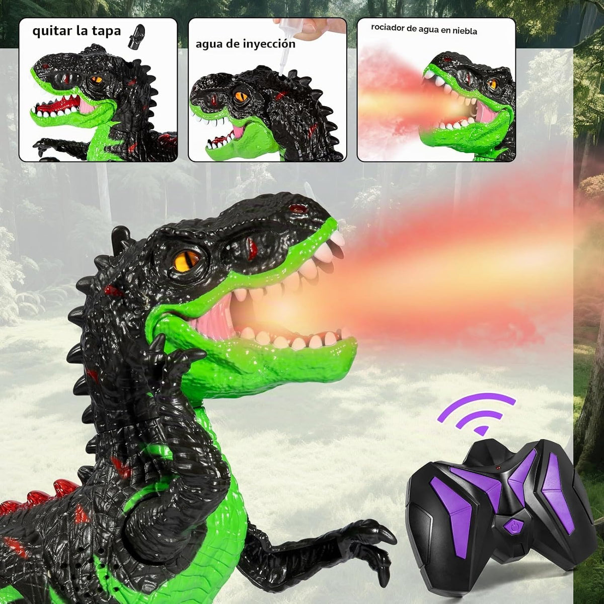 Juguete de dinosaurio a control remoto para niños de 3-5, 5-7 años, juguete robot de dinosaurio T-rex para caminar a control remoto con aerosol de niebla de agua, luces y sonidos, batería recargable