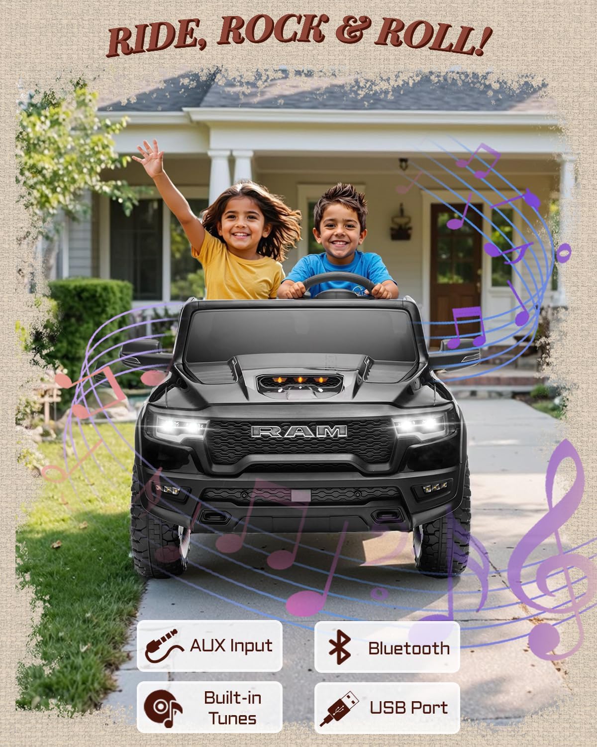 First Ride On Juguetes de paseo de 24 V para niños grandes, auto eléctrico RAM 1500 RHO con licencia para niños con control remoto, camión con Bluetooth, luces LED, almacenamiento de cama de camión