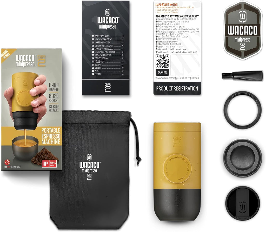 WACACO Minipresso GR2, cafetera portátil compatible con café molido, máquina de café expreso de 18 bar operada manualmente (ocre dorado)