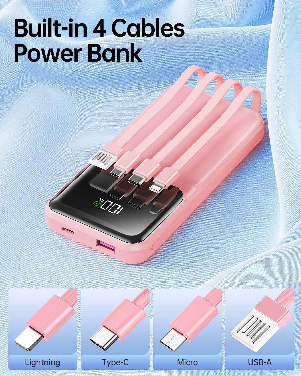 RONEGN Cargador portátil con cable incorporado - Banco de energía, 10000 mAh