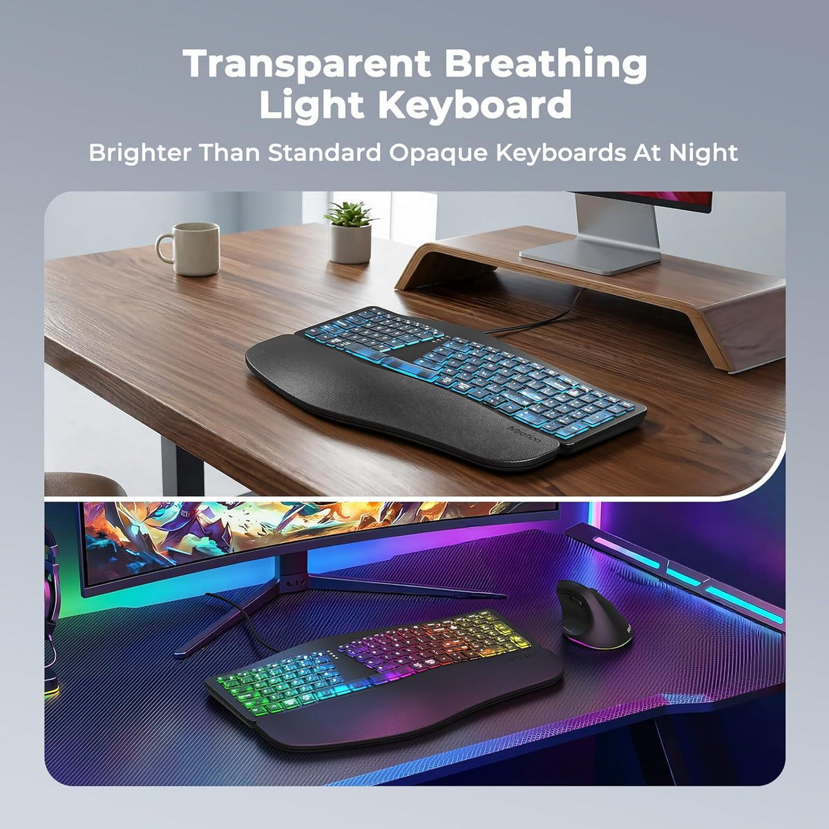 MEETION Teclado ergonómico con cable, retroiluminación transparente...