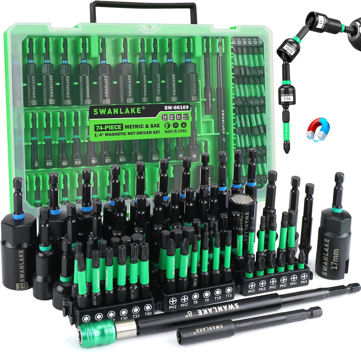 Juego de destornilladores de tuercas magnéticas de 74 piezas para taladro de impacto métrico y SAE, adaptador de enchufe de impacto, brocas de potencia con soporte magnético, destornillador de tuerca de ala, enchufe universal, extensión de broca de cambio