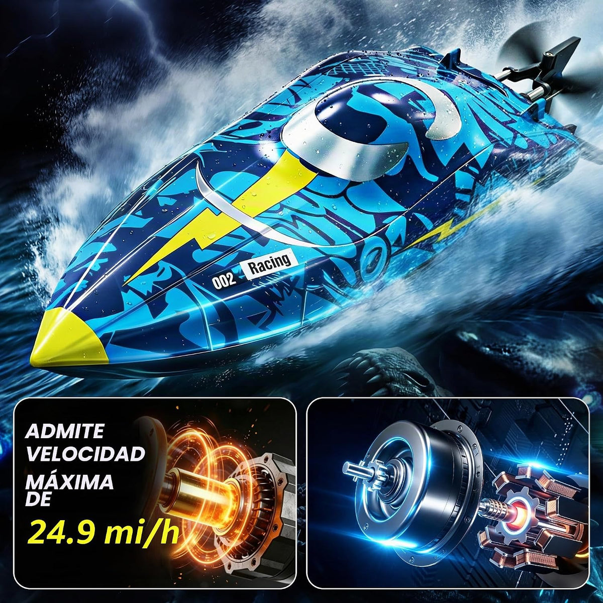 Barco a control remoto de alta velocidad de 16 pulgadas para adultos y niños, barco grande de control remoto rápido de más de 40 KPH para piscinas, lagos y ríos, con luces LED, diseño