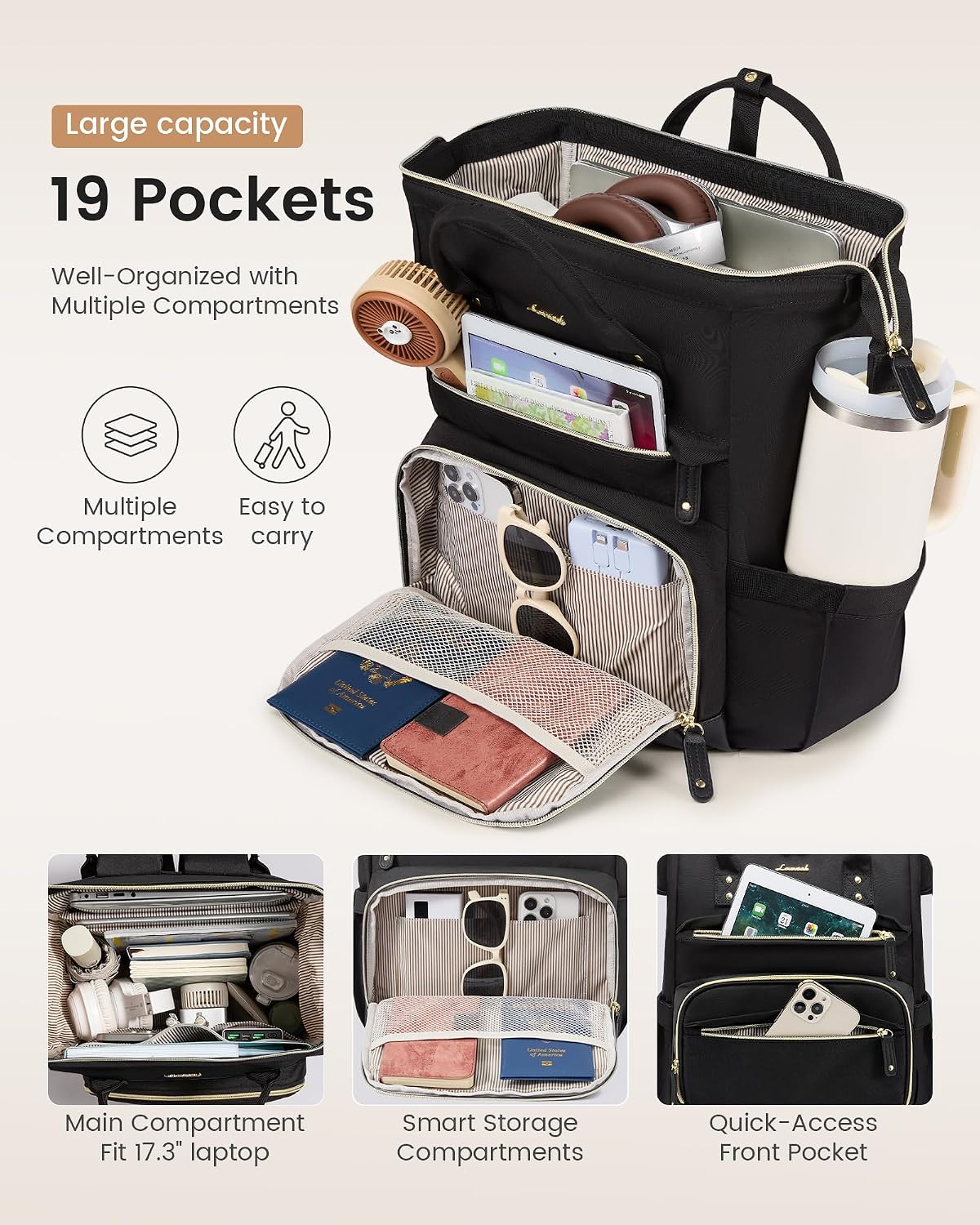 Mochila para laptop LOVEVOOK para mujer, Negro, 15,6 pulg., Tradicional