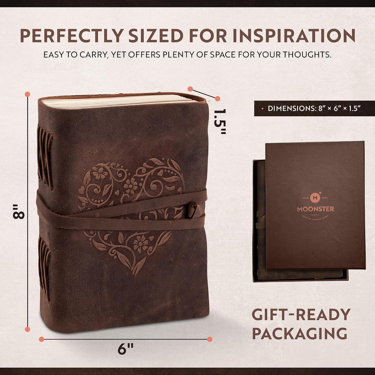 moonster Diario de cuero con forma de corazón en relieve, cuaderno rayado no recargable de 8 x 6 pulgadas, 400 páginas de papel kraft con rayas universitarias, cuaderno pequeño inspirador, diarios de